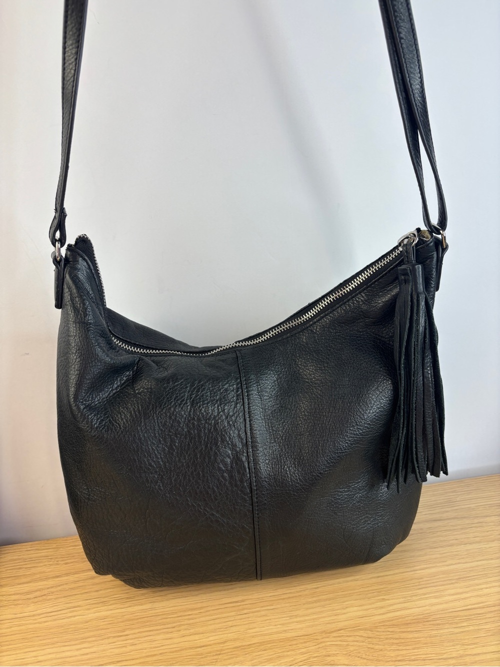 Margot New York Black Pebbled‎ Leather Hobo Bag W/Tassel